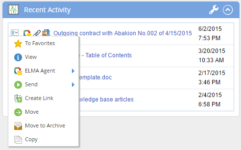 Fig. 3. Information on documents in the Recent Activity portlet with custom markup and a context menu